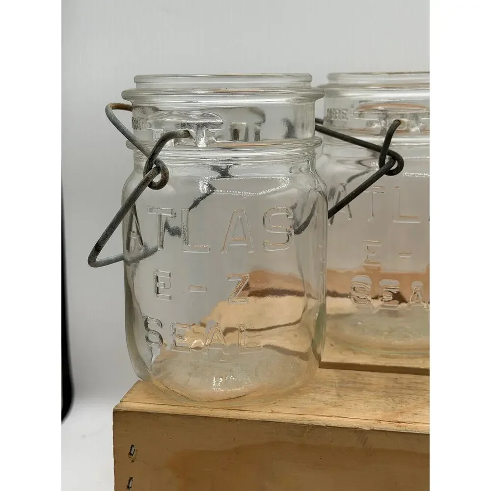 Vintage Atlas E-Z Seal Pint Mason Jars with Wire Bails (Set of 4, No Lids)- 5.5”
